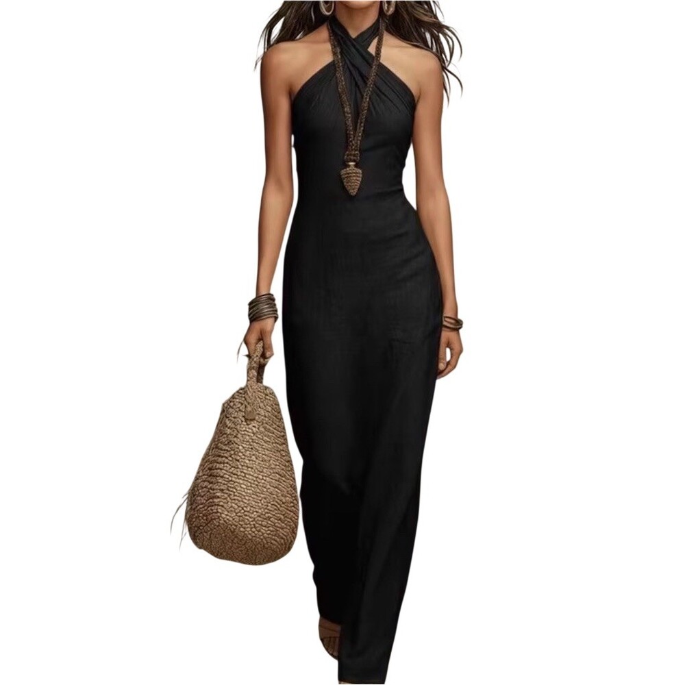 Boho Maxi Dress Womens L Black Halter Neck Cocktail Party Vacation Summer Spring